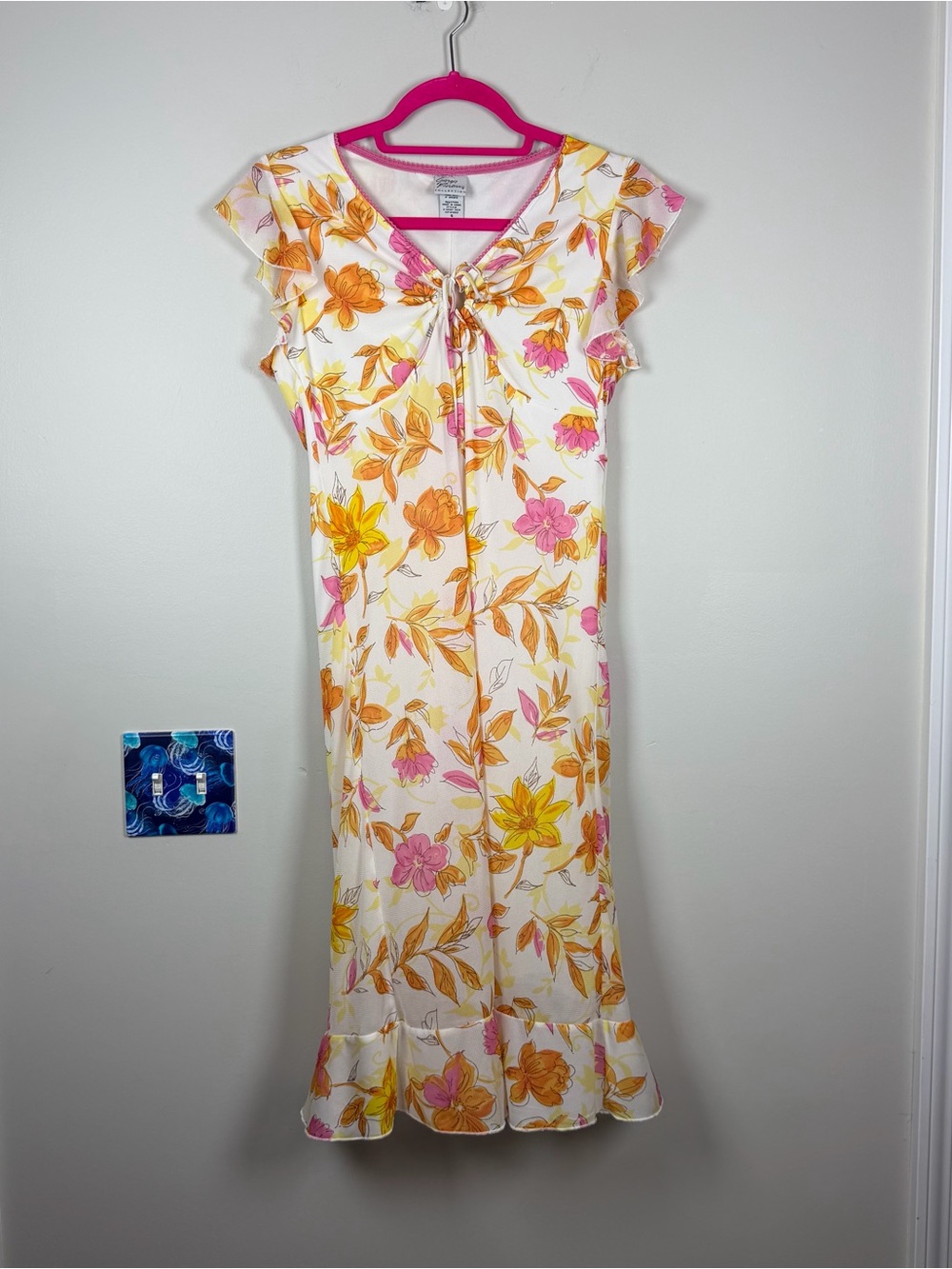 VTG Y2K Giorgio Fiorelli Pink Orange Floral Midi Dress Fairycore Sundress Small
